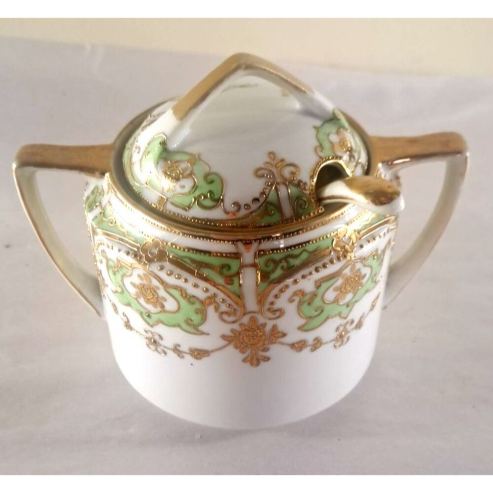 Antique Nippon Morimura Sugar Bowl Gold Gilded Green Floral W Spoon Moriage